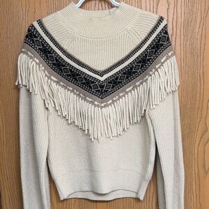 Z Supply Cream Fringe Yoke Pullover with Black & Taupe Accents
